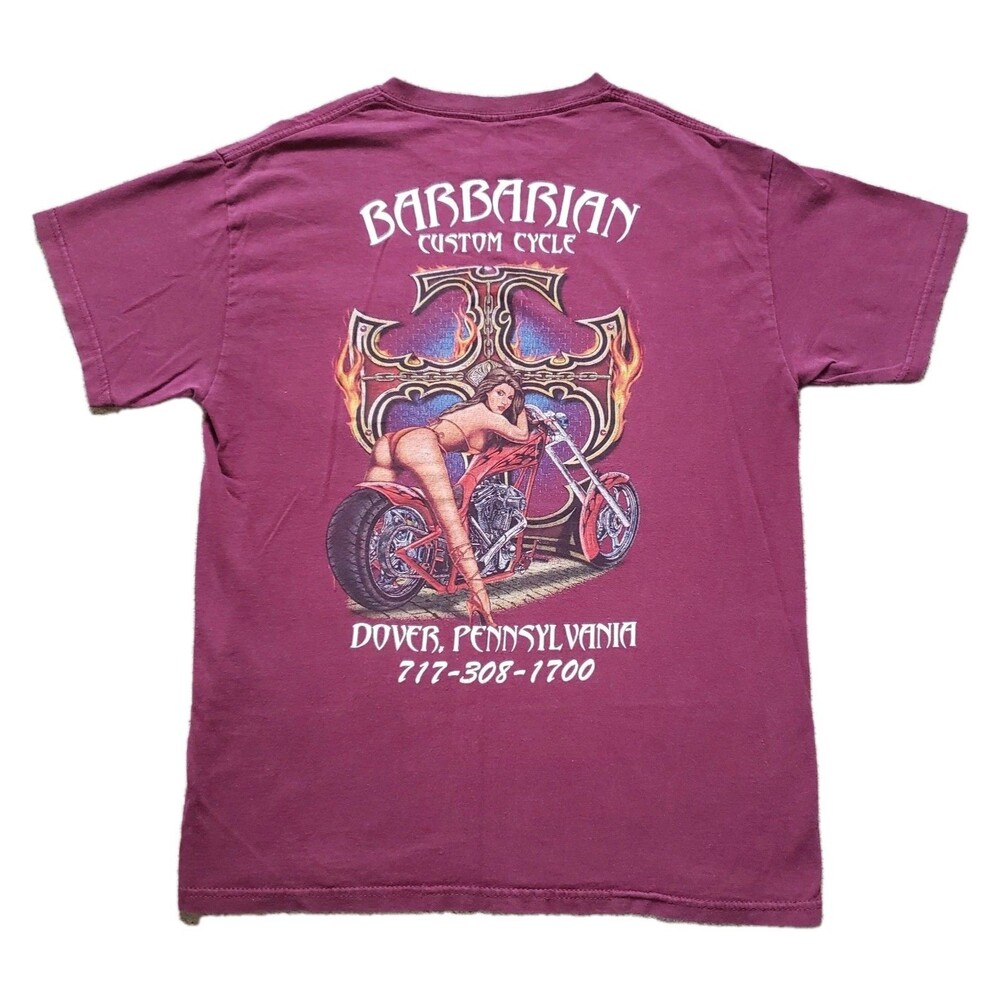 Vintage Barbarian Cycle Dover PA Sz M-L Mems Hot Chick Burgundy 2 Sided T-Shirt